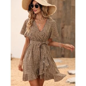 dot Print short Sleeve Ruffle belted Wrap Dress black tan boho